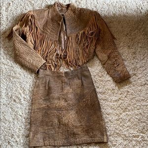 Leather fringe jacket & skirt